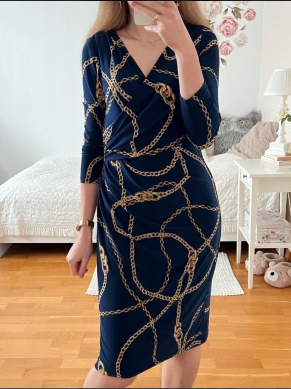 Ralph Lauren gold chain print faux wrap dress